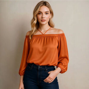 1. STATE Small Burnt Orange Off Shoulder Blouse with Neck Detail